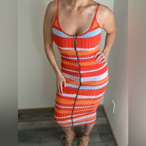 Fashion Nova Midi Dress Ribbed Stripe Dual Zipper Going Out - Picture 1 of 10